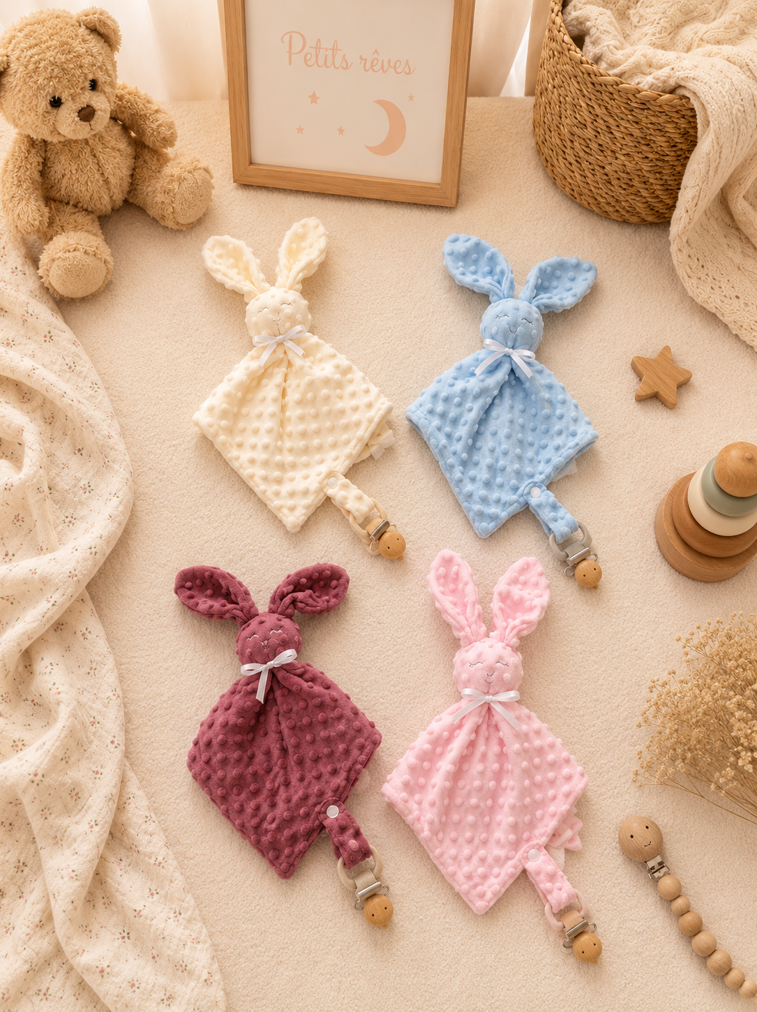 Doudou lapin attache tétine en Minky
