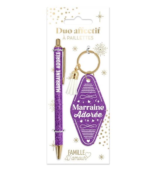 Stylo & Porte-clés « Marraine adorée »