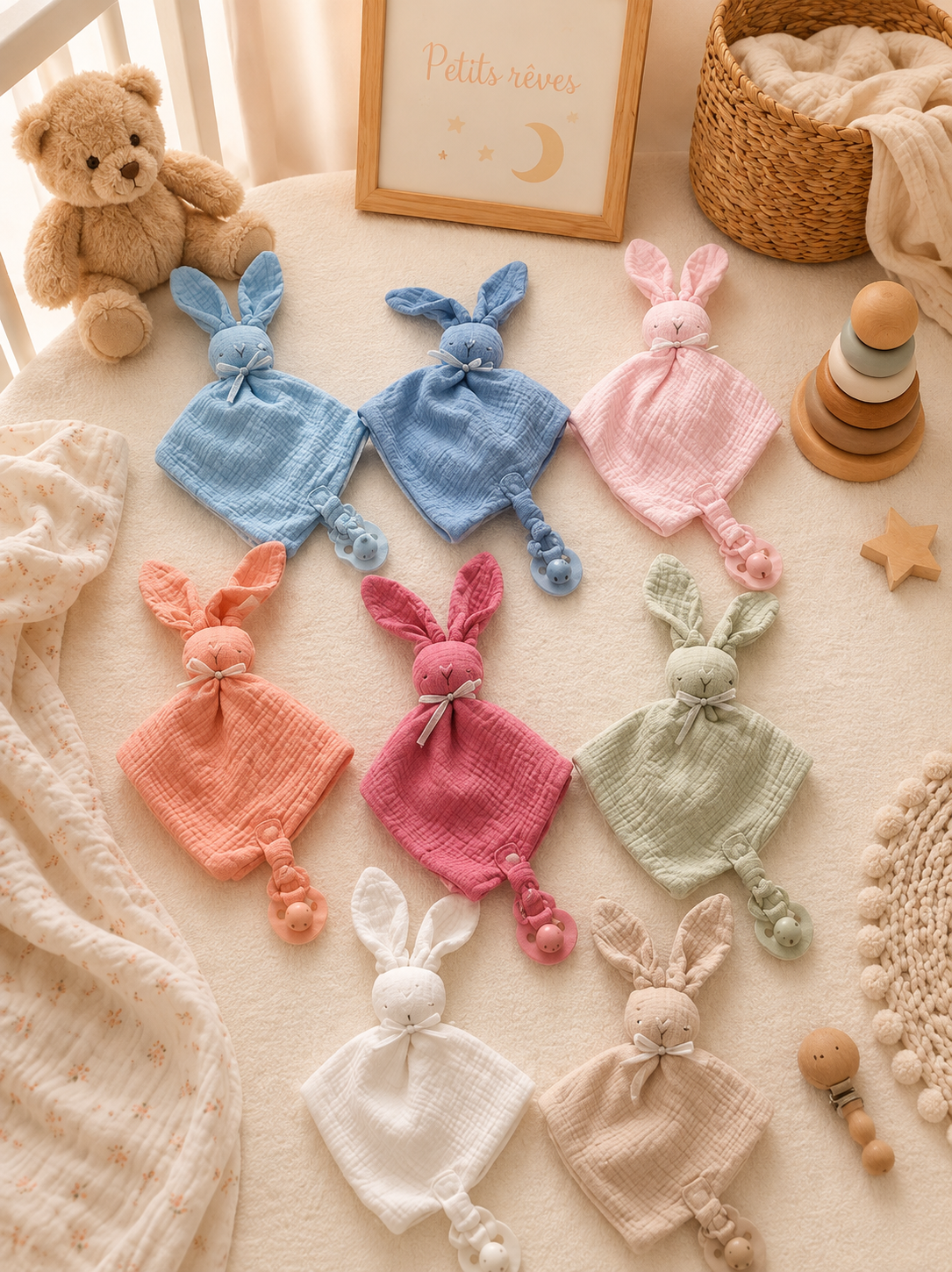 Doudou lapin avec attache tétine en gaz de coton